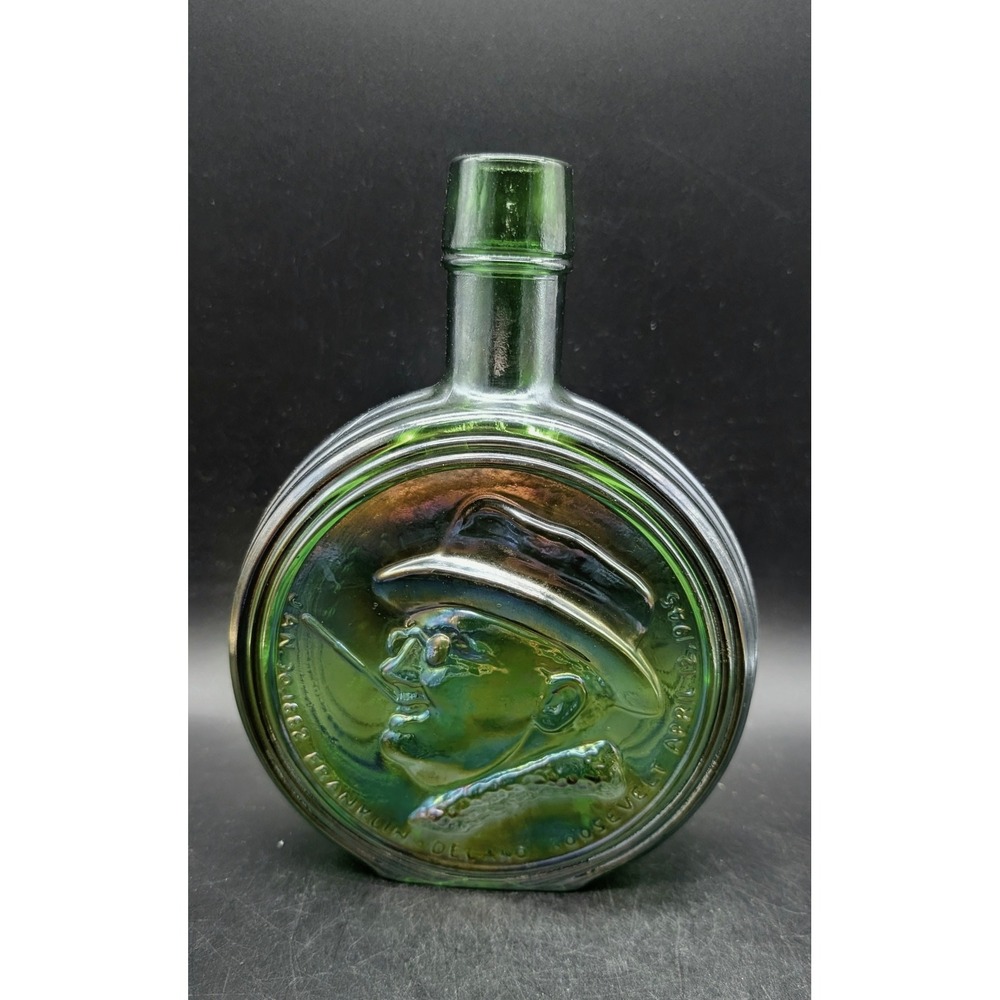 Wheatonโ NJ Green Carnival Glass Franklin D Roosevelt FDR Commemorative Flask